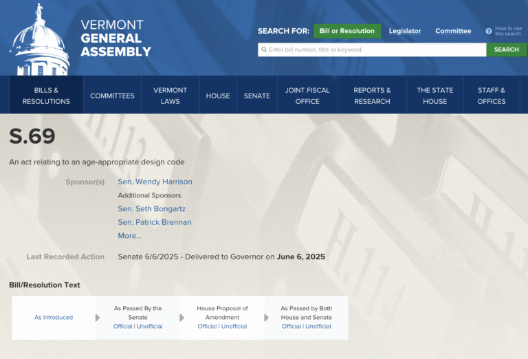 Vermont’s S.69 Age-Appropriate Design Code For Minors Online Privacy